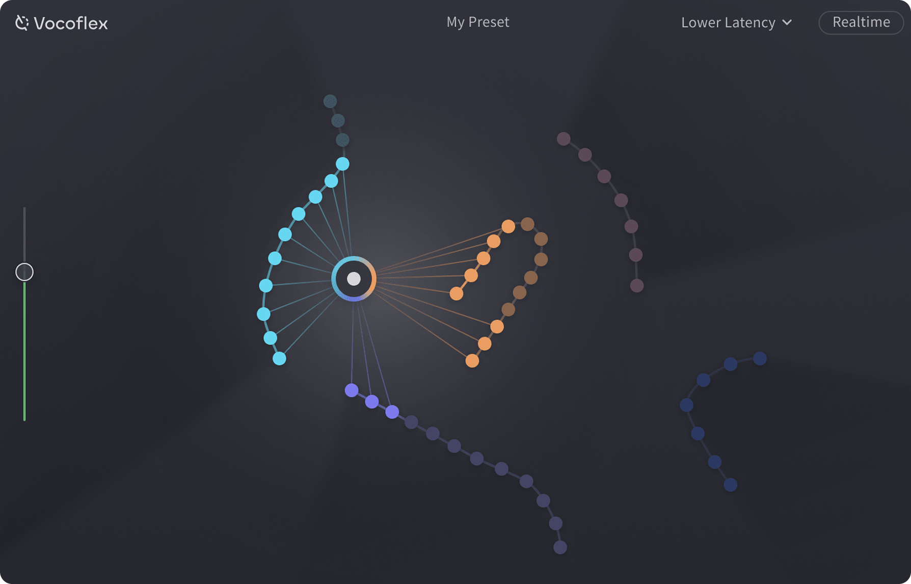 The Vocoflex plugin: two voices as curves of nodes, with the light cursor between them